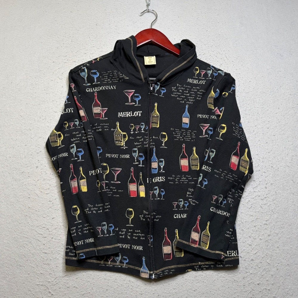 Jess & Jane Hoodie Women M Black Wine Collection Print Zip Up Jacket Y2K USA